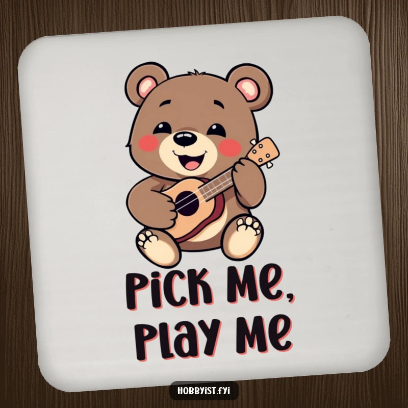 Funny Bear Coaster: A smiling bear enthusiastically plays a miniature ukulele, adding musical flair to drink protection, a delightful funny gift.
