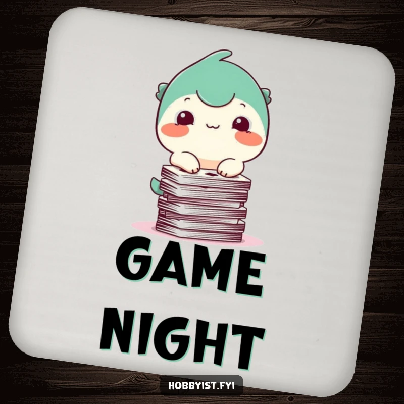 Funny Coaster: A happy creature with a small smile balances a stack of playing cards, a humorous addition to any drink setup.