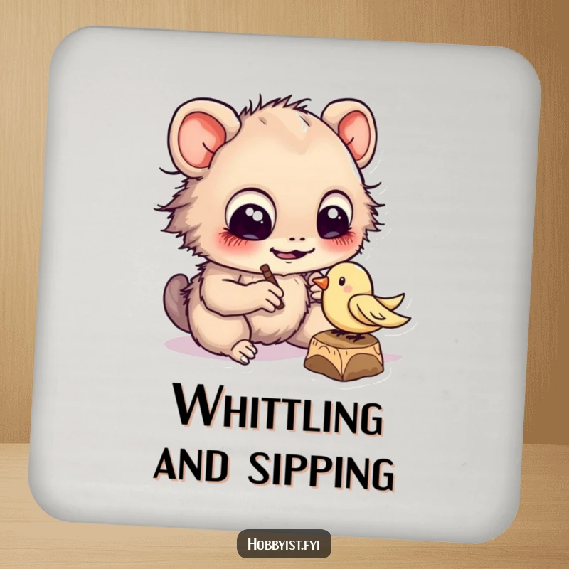 Funny cheerful creature with large eyes diligently carving a tiny wooden bird, on a drink coaster with crafty charm.