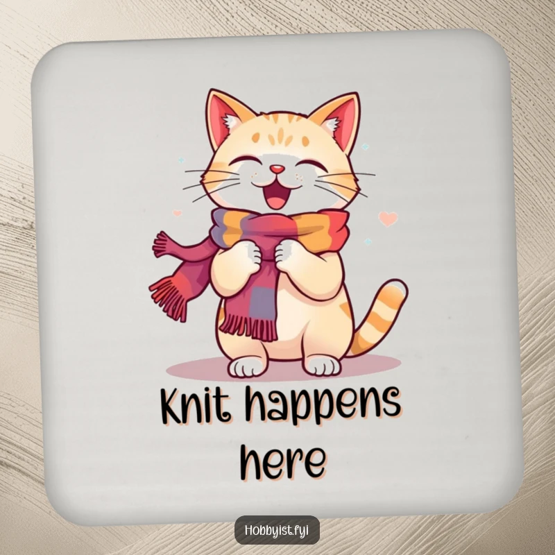 Funny Cat Knitting Coaster: A happy cat energetically knits a colorful scarf, adding humorous charm to drink surfaces.