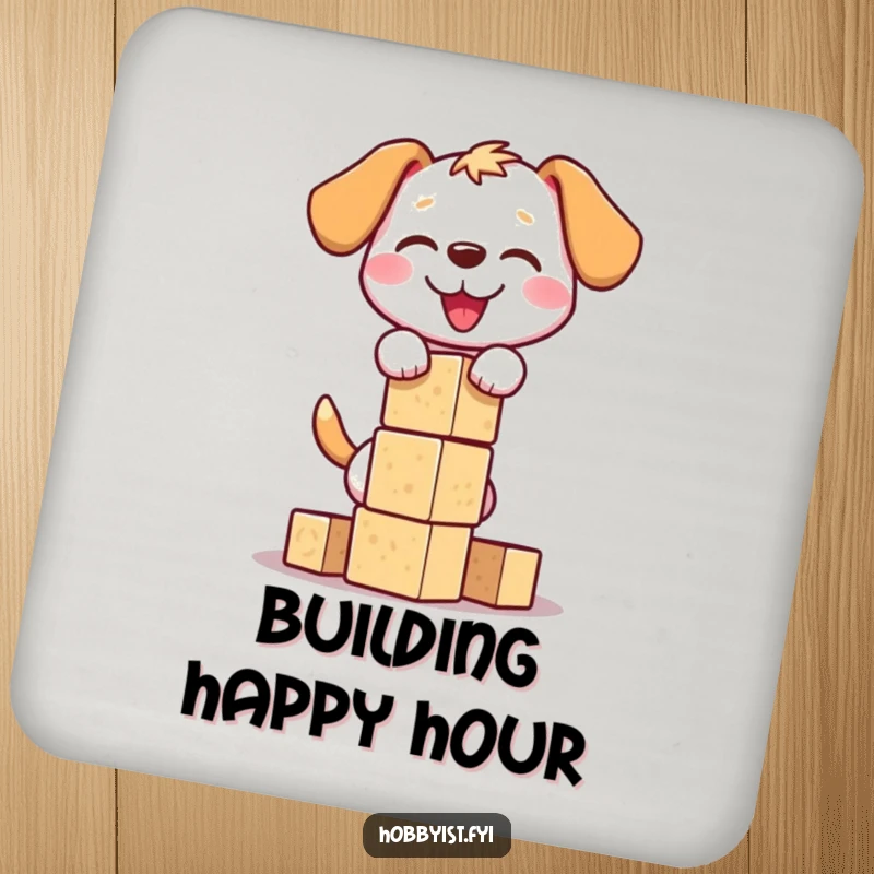 Funny dog block tower drink coaster showcasing a happy dog stacking blocks, protecting surfaces with a humorous and adorable artistic design.