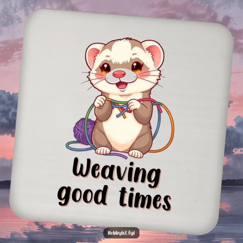 Funny ferret weaving colorful yarn, printed on a set of protective drink coasters, a charming and artistic accent.