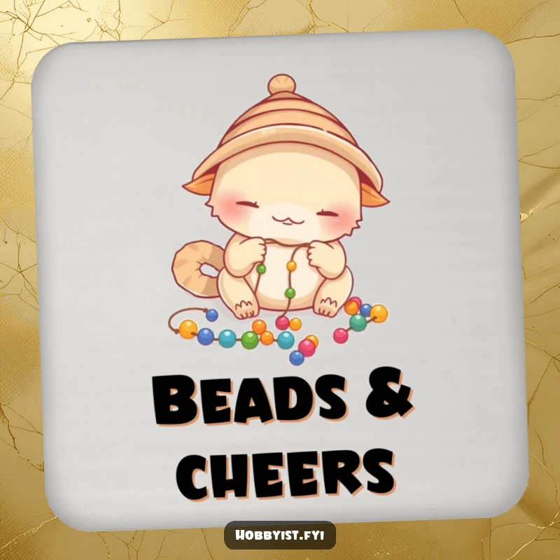 Funny Focused Creature Coaster: a creature in a tiny hat carefully stringing colorful beads onto a delicate thread, protecting surfaces, a funny gift.