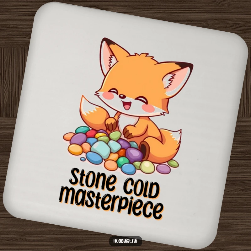Funny Fox Coaster: A little fox excitedly arranges colorful pebbles into a mosaic, adding artistic flair to drink protection, a delightful funny gift.