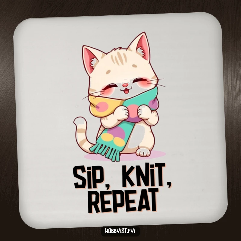 Funny cat drink coaster with a giggling cat knitting a long, colorful scarf, protecting tables.