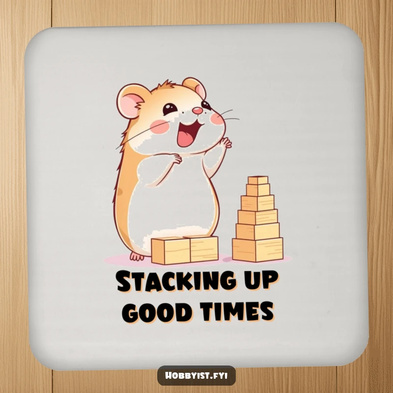 Funny Hamster Coaster: A delighted hamster happily builds a towering structure of tiny wooden blocks, adding construction flair to drink protection, a delightful funny gift.