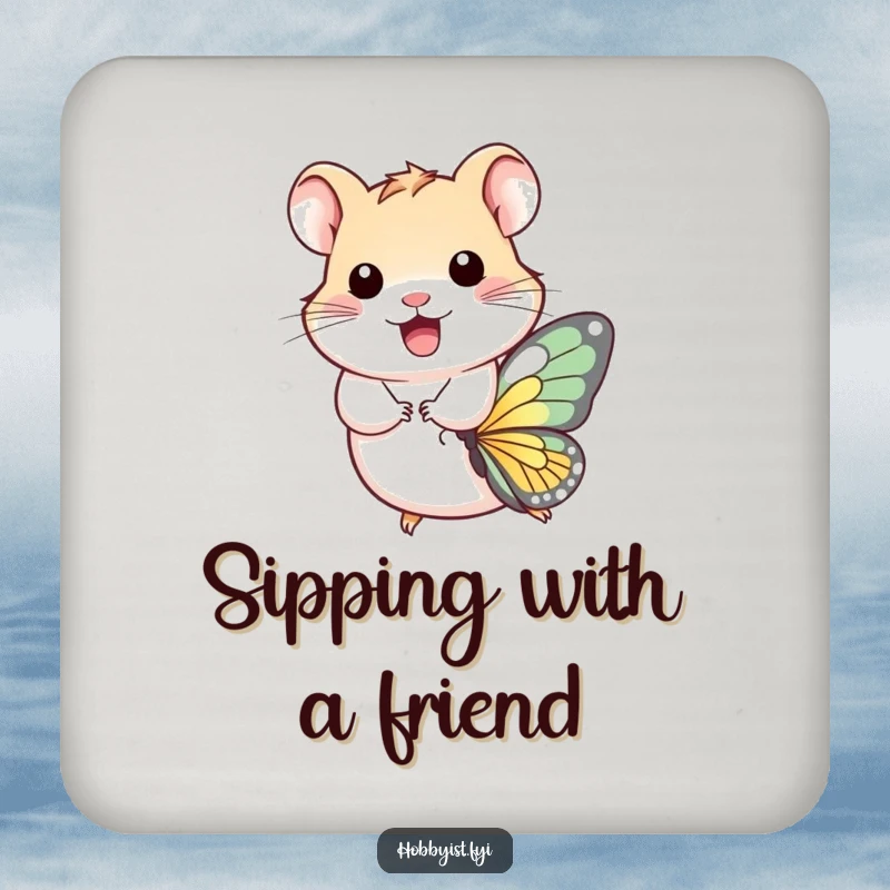 Funny Coasters: A playful hamster embarks on a magical flight atop a butterfly, adding whimsical charm and protection.