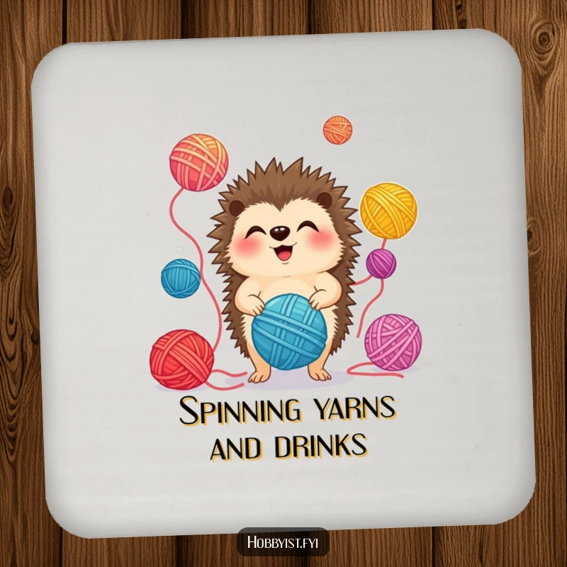 Funny Drink Coaster showing a giggling hedgehog juggling colorful yarn balls, adding playful charm to surfaces.