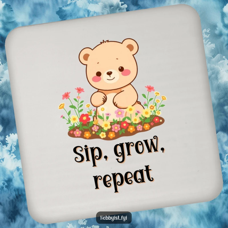 Funny Kawaii bear coaster, with a happy bear tending a miniature garden, protecting tables with cute and cheerful design.
