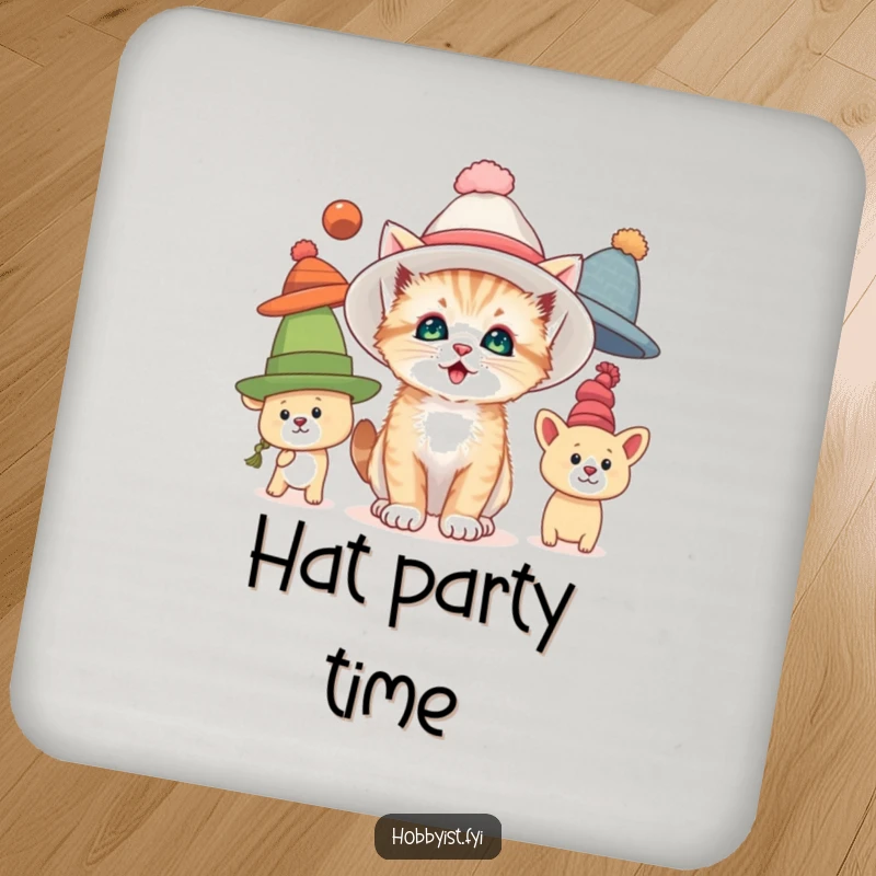 Funny drink coaster with a curious kitten trying on oversized hats, adding humorous feline fashion to beverage service.