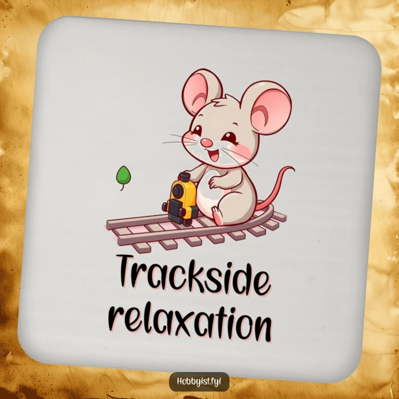 Funny cheerful mouse character playing with miniature train tracks, featured on a set of protective and humorous drink coasters.