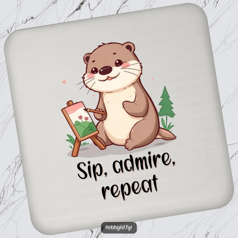 Funny Drink Coaster showing a cheerful otter painting a tiny landscape, protecting tables with artistic charm.