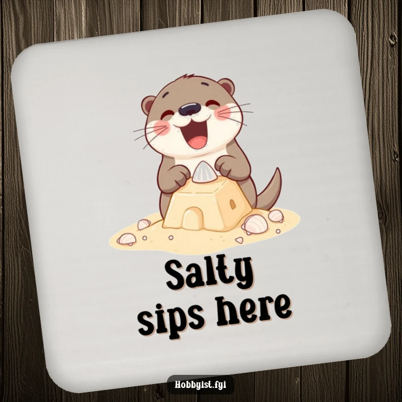 Funny Coaster featuring an excited otter building a sandcastle with tiny shells, protecting surfaces with a playful beach theme.
