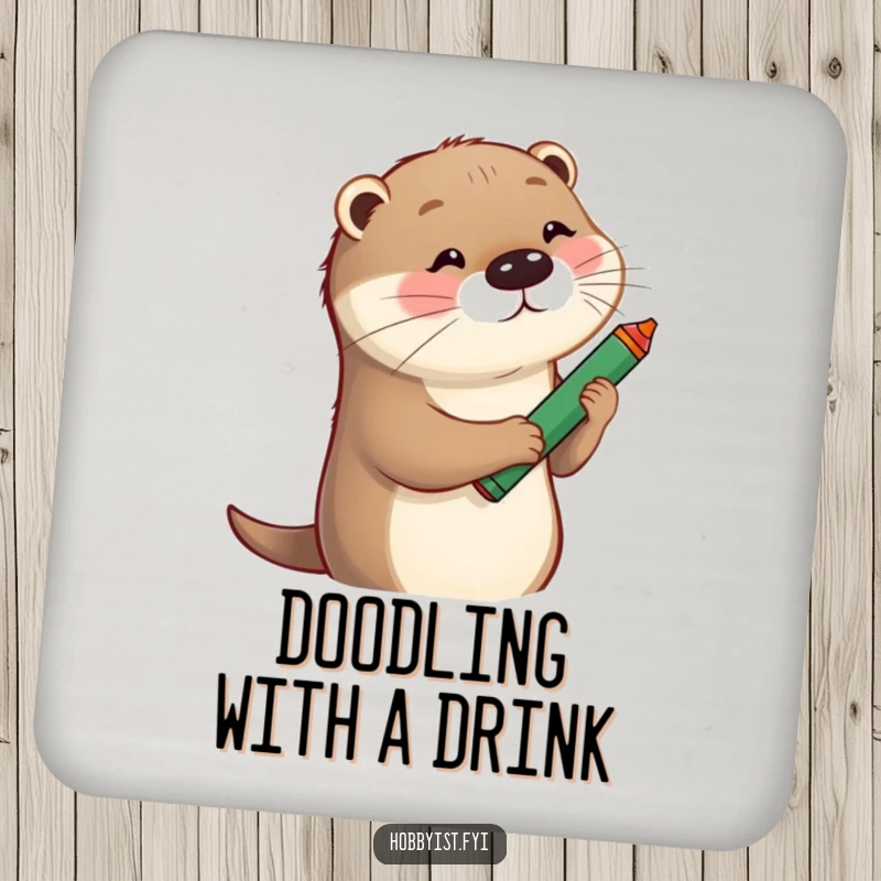 Funny Drink Coaster showing a playful otter sketching a whimsical portrait with a large crayon, adding artistic flair.