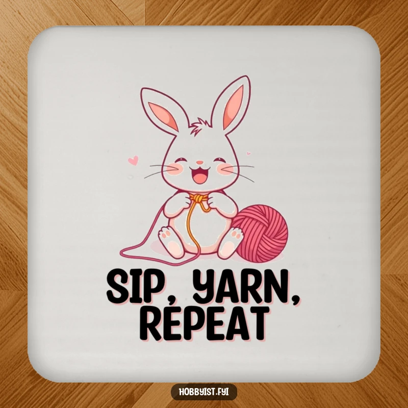 Funny Coaster featuring a joyful rabbit enthusiastically knitting a colorful yarn ball, protecting surfaces with a charming crafting theme.