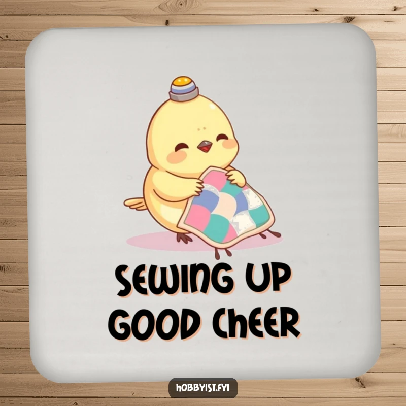 Funny Hazelnut Coaster featuring a small bird wearing a thimble, happily sewing a tiny quilt, perfect for any beverage.