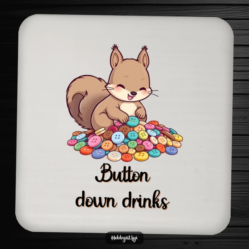 Funny drink coasters featuring a smiling squirrel diligently sorting shiny buttons, providing humorous surface protection.