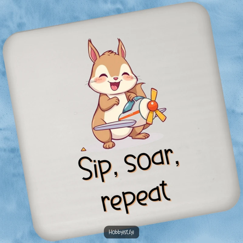 Funny Drink Coaster featuring a joyful kawaii squirrel happily assembling a miniature model airplane, adding a touch of hobby spirit.