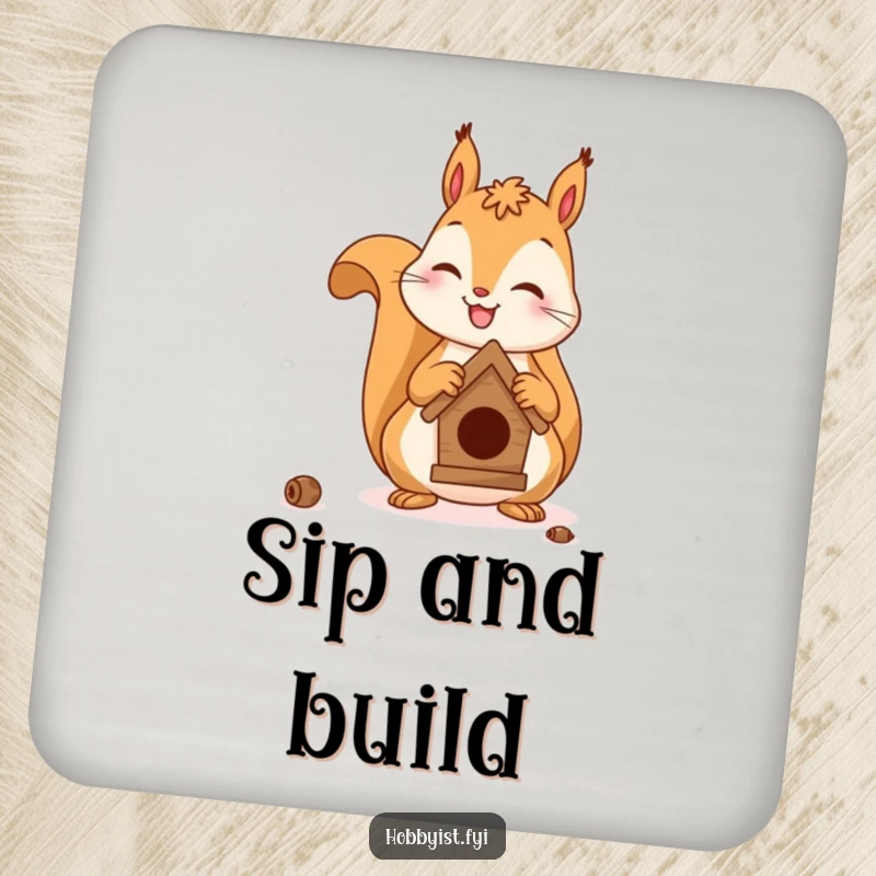 Funny drink coaster featuring a focused squirrel building a tiny birdhouse, adding charm to any table setting.