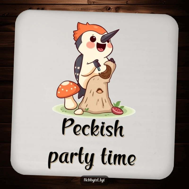 Funny coaster with a joyful woodpecker drilling a tiny hole into a mushroom, protecting surfaces with forest charm.