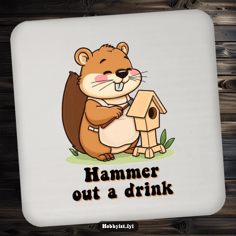 Funny beaver coasters with apron, happily hammering a miniature birdhouse, adding hilarious protection to tables.