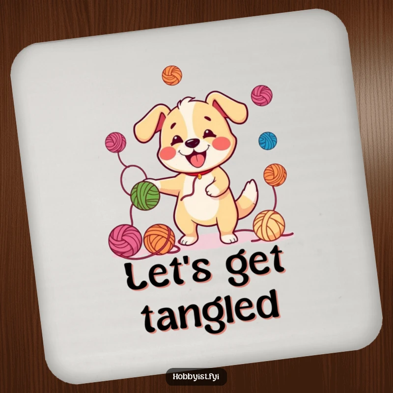Funny Juggling Dog Yarn Coaster: A happy dog juggling yarn balls with a wagging tail, perfect for a humorous tabletop.