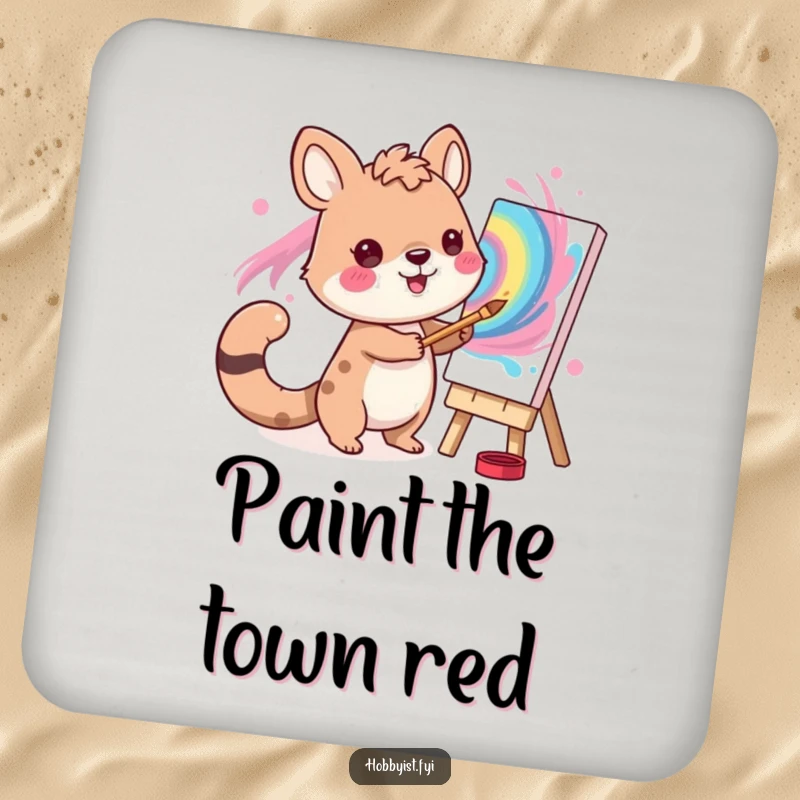 Funny Artist Animal Coaster: A cheerful animal artist painting a vibrant picture, perfect for a humorous tabletop.