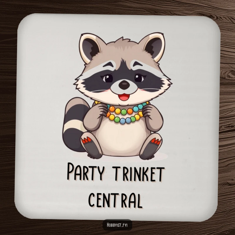 Funny Raccoon Bead Necklace Coaster, a giggling raccoon creating a colorful bead necklace, a decorative and humorous coaster.