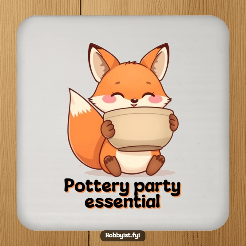 Funny coaster with a happy fox proudly displaying a handmade ceramic pot, protecting tables with artistic charm.