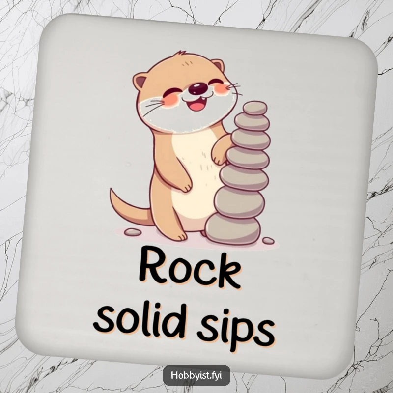 Funny Kawaii otter coaster, with a giggling otter gleefully balancing pebbles, protecting tables with playful and cute design.