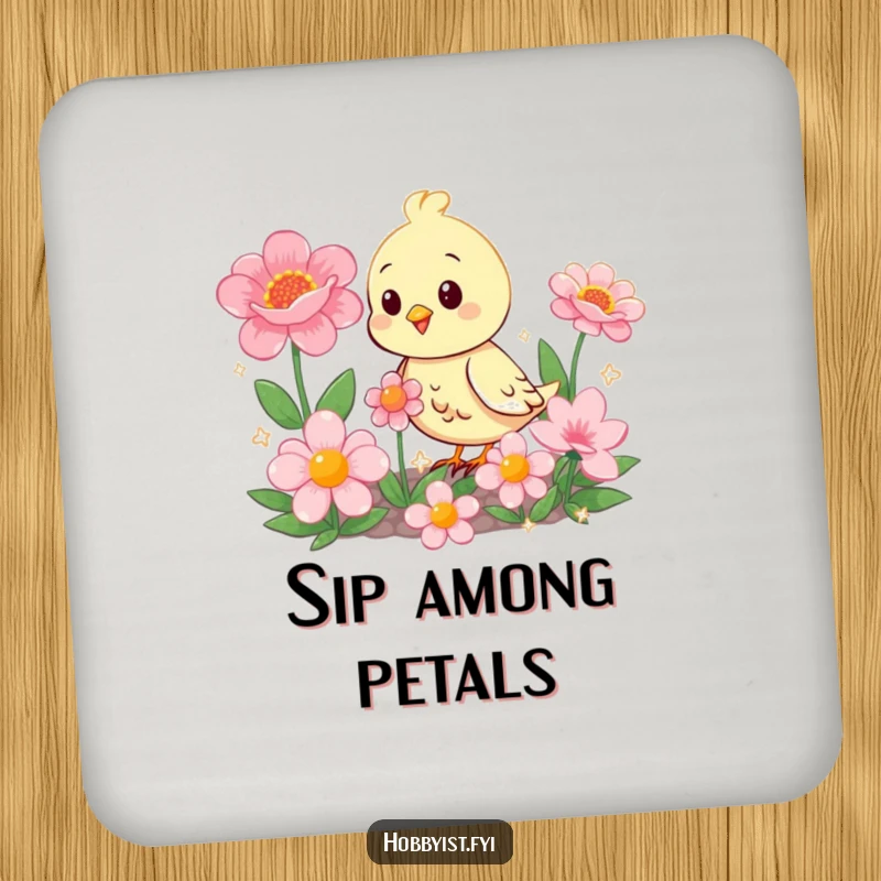 Funny happy bird in a garden of oversized, sparkling flowers, a humorous design for a protective drink coaster.