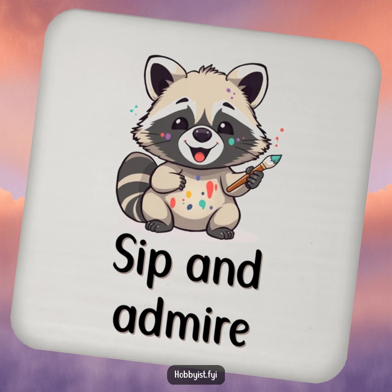 Funny drink coaster featuring a delighted raccoon artist with paint splatters, holding a brush, protecting tables with artistic charm and humor.