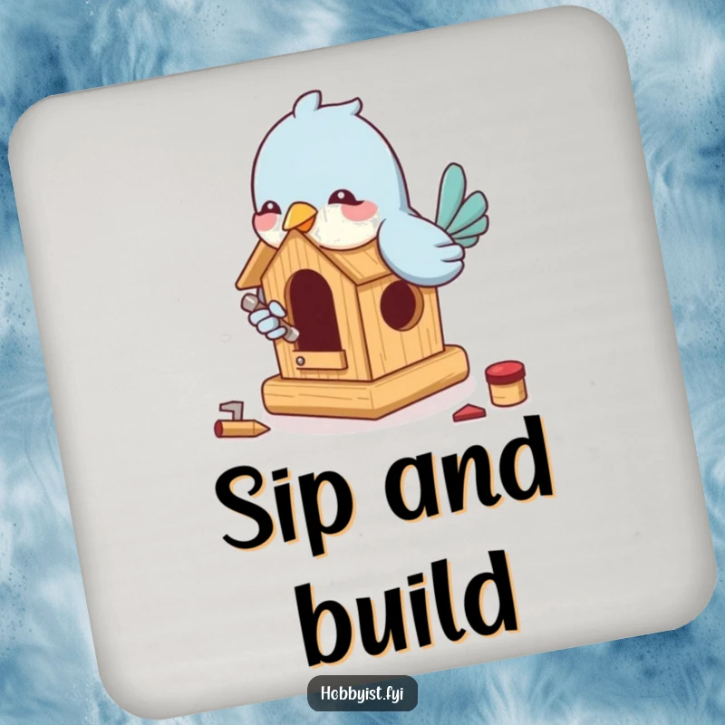 Funny Bird Building Coaster: A playful bird enthusiastically builds a miniature birdhouse with tiny tools, adding humorous charm to drink surfaces.
