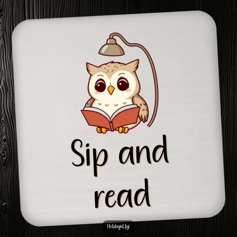 Funny owl reading a book under a lamplight, printed on a set of protective drink coasters, a sophisticated accent.