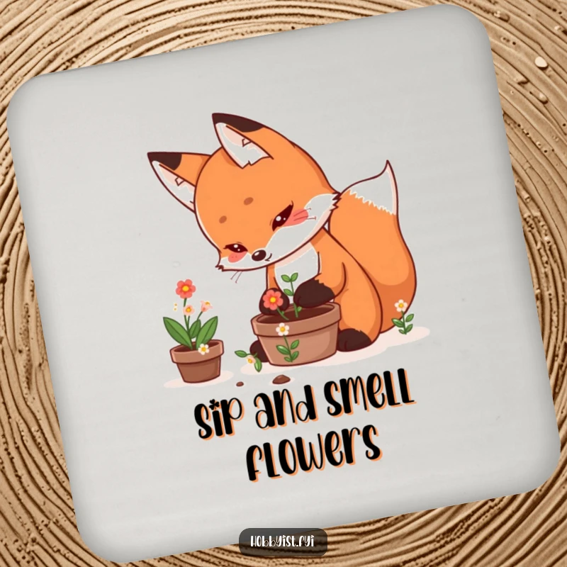 Funny Drink Coaster featuring a determined kawaii fox meticulously tending a miniature pot of blooming flowers, adding a touch of nature.