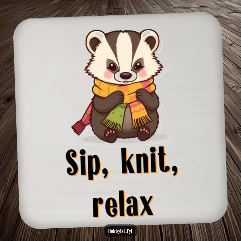 Funny Drink Coaster featuring a skilled kawaii badger expertly knitting a miniature, colorful scarf, adding a touch of crafty charm.