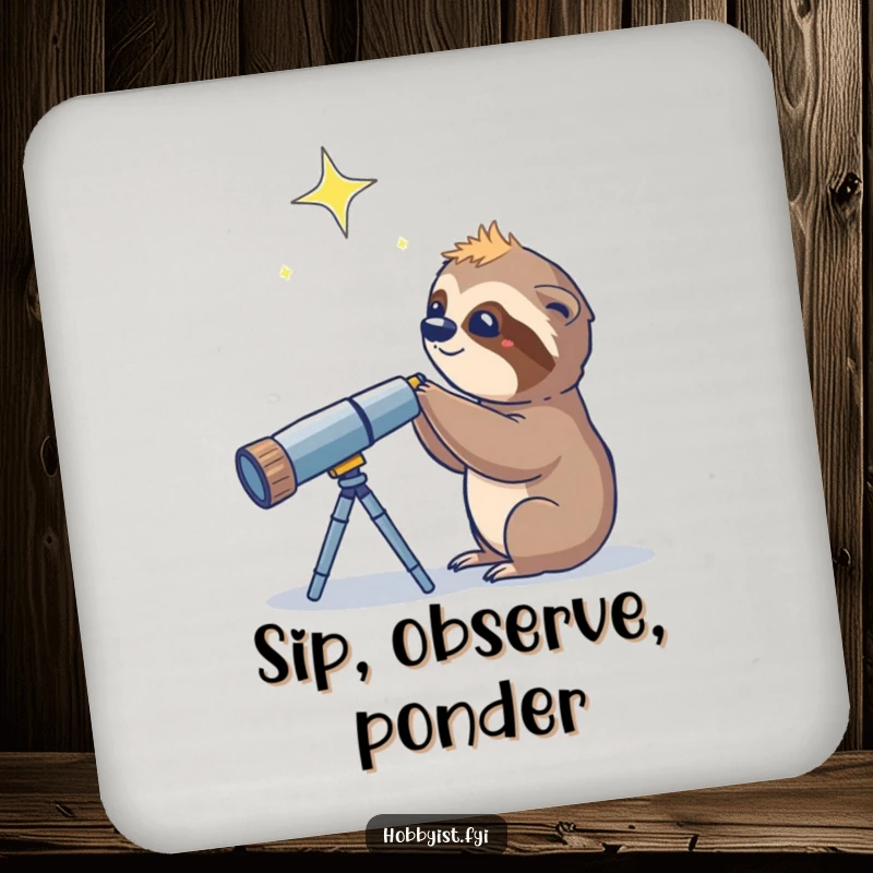 Funny Sloth Telescope Star Coaster, a curious sloth peering through a telescope at a twinkling star, a decorative and humorous coaster.