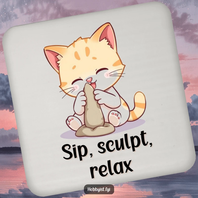 Funny cat sculpting drink coaster showcasing a playful cat creating with clay, protecting surfaces with a humorous and artistic design.