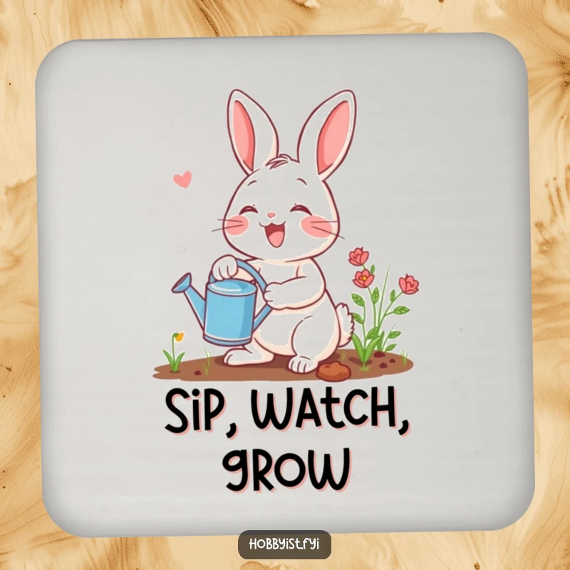 Funny gardening rabbit drink coaster showcasing a joyful bunny with a watering can, protecting furniture with a humorous and cute artistic design.