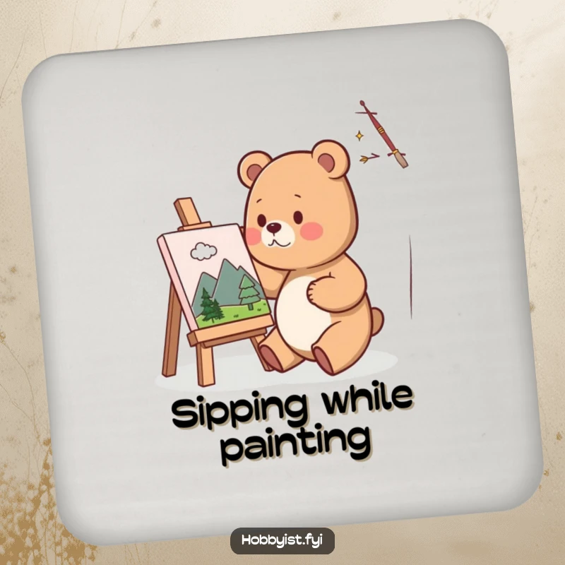 Funny Coaster featuring a cute bear artist happily painting a miniature landscape on a small canvas, protecting surfaces with artistic flair.