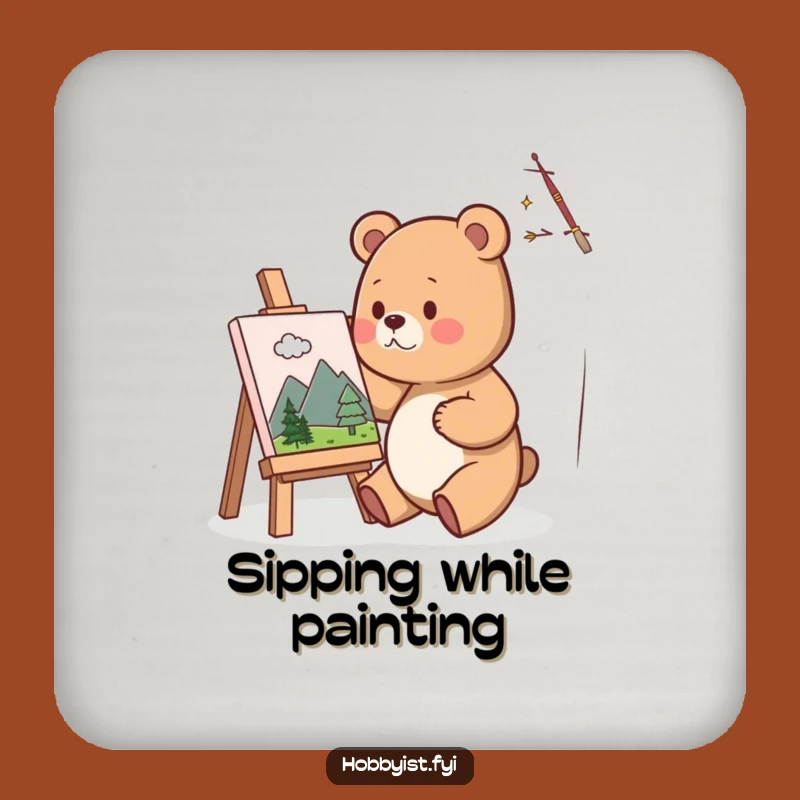 Funny Bear Artist Coaster: Cute Painter Bear Protecting Surfaces, Perfect Gift