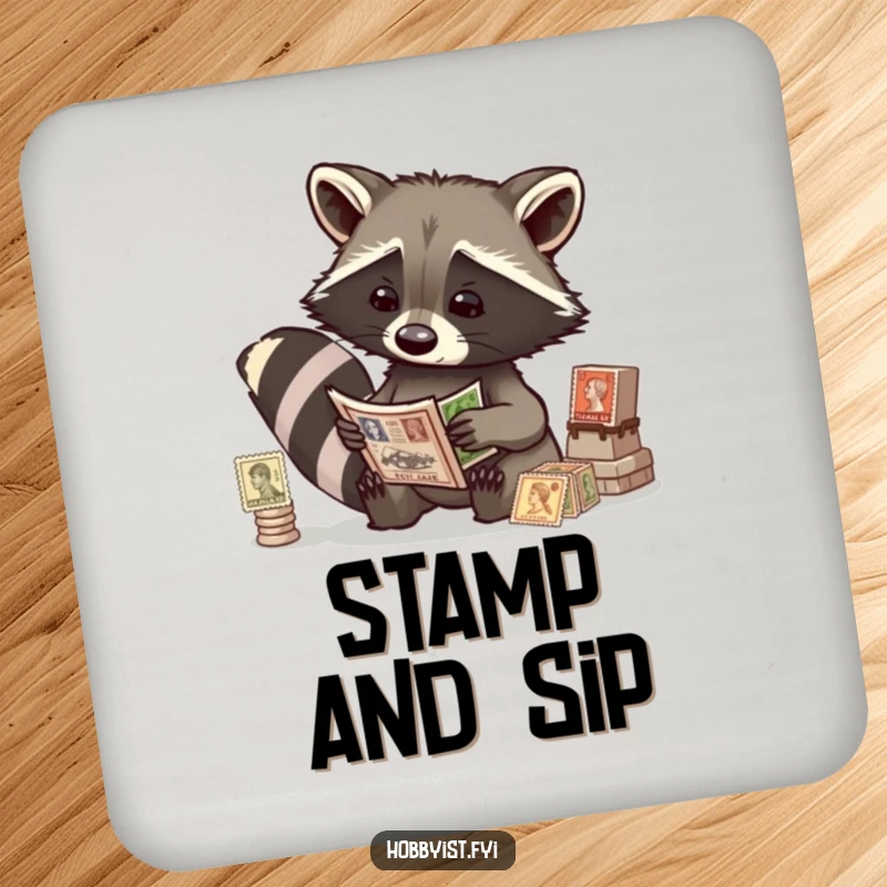 Funny raccoon examining antique stamps, printed on a set of protective drink coasters, a charming and quirky accent.