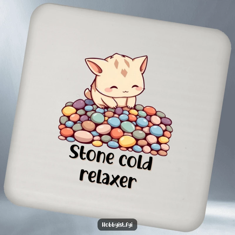 Funny curious creature with pointy ears meticulously arranging colorful pebbles into a pattern, on a drink coaster with mindful charm.