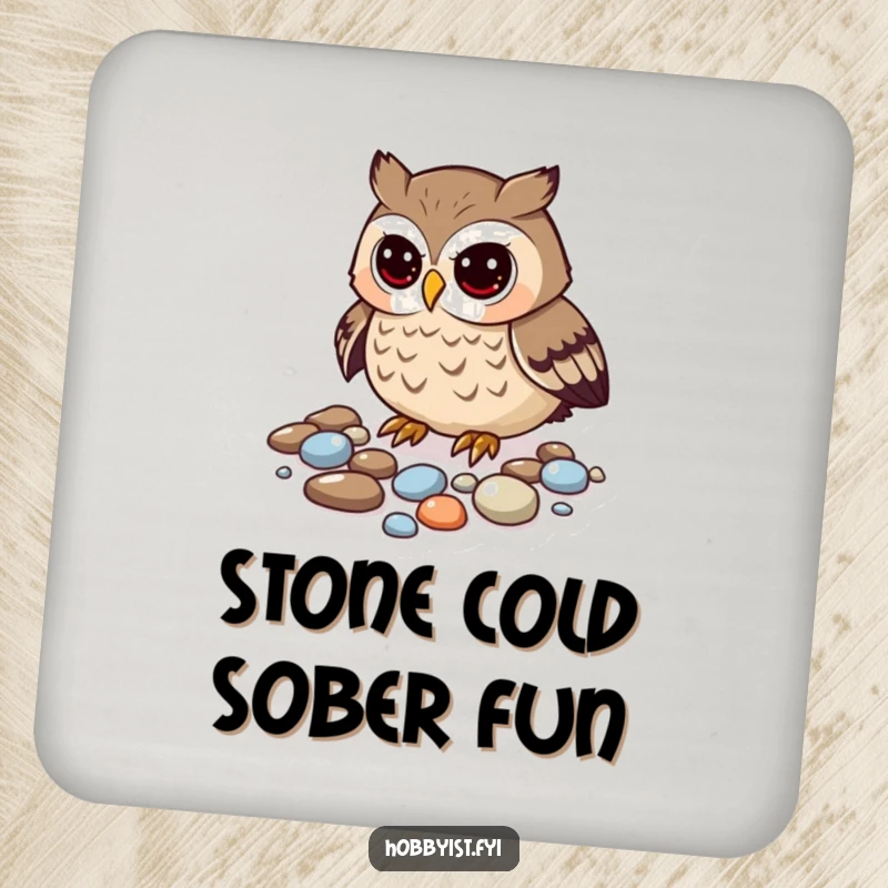 Funny owl drink coaster with a curious owl arranging shiny pebbles, protecting surfaces.