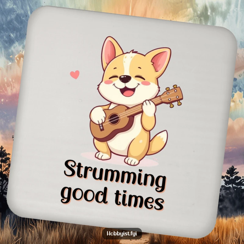 Funny drink coaster with a giggling dog happily strumming a tiny ukulele, adding humorous musical flair to beverage service.
