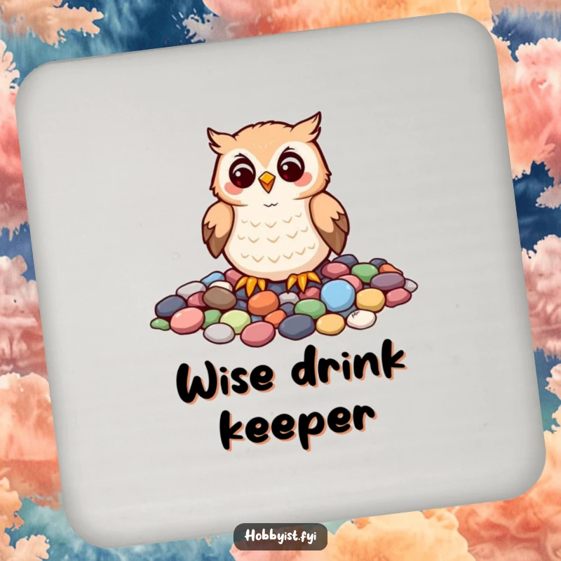 Funny drink coaster with a cheerful owl carefully arranging colorful pebbles into a mosaic, adding artistic humor to beverage service.