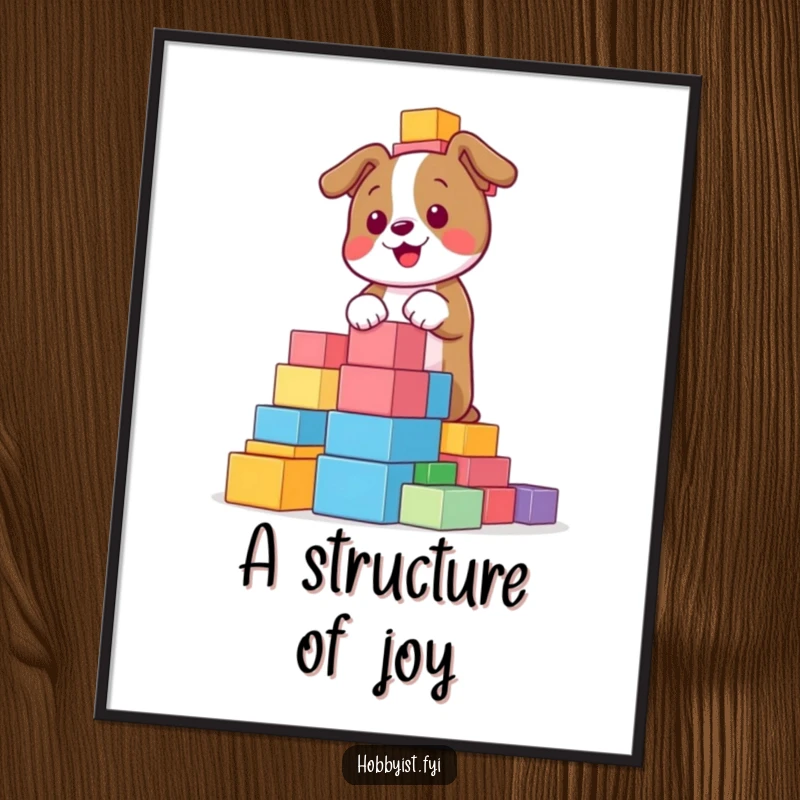 Funny, playful dog building a tall tower with colorful blocks, displayed as a vibrant poster, perfect for playroom or nursery decor.