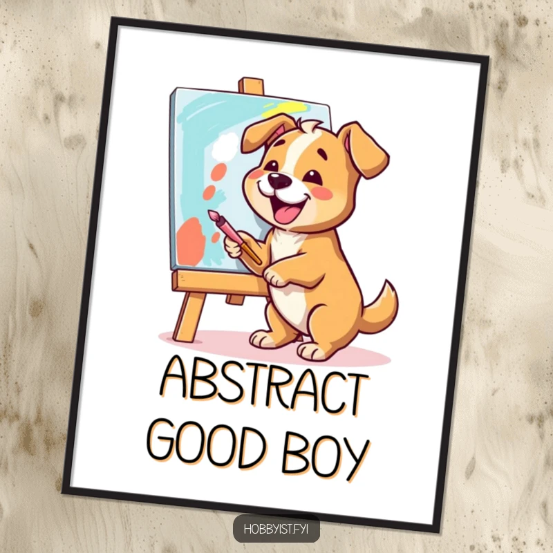 Funny Dog Painting Poster: A cheerful dog joyfully paints a vibrant canvas with broad strokes, bringing humorous art to any room.