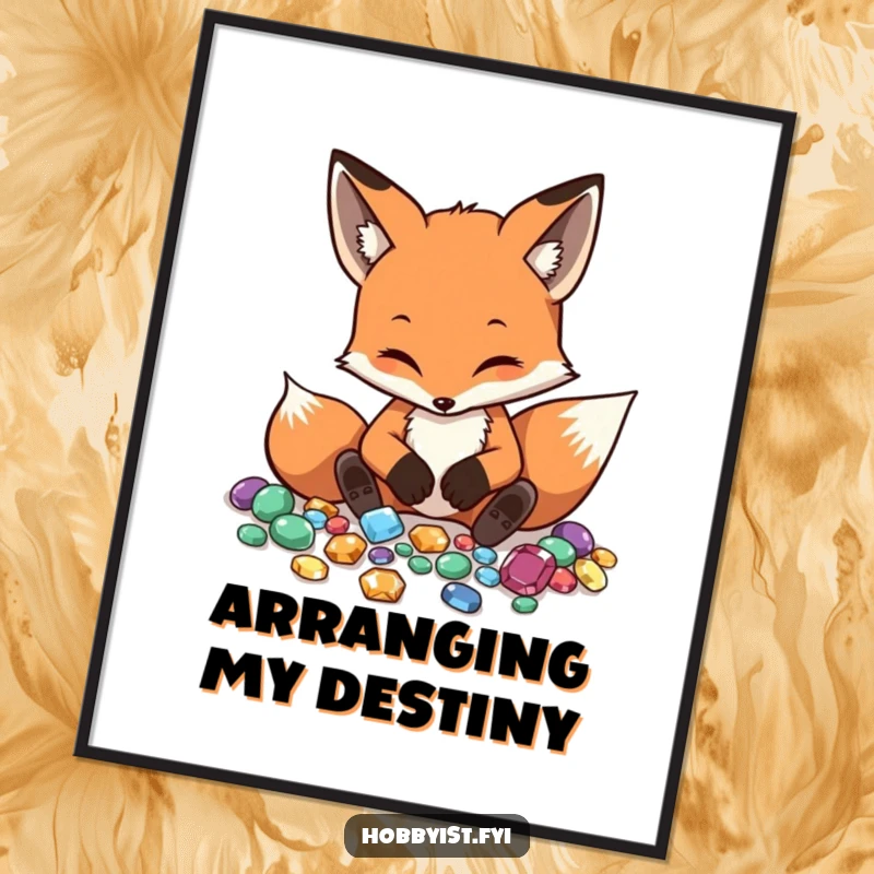 Funny Fox Poster depicts a diligent fox meticulously arranging small, polished gemstones, creating a scene of focused artistry.