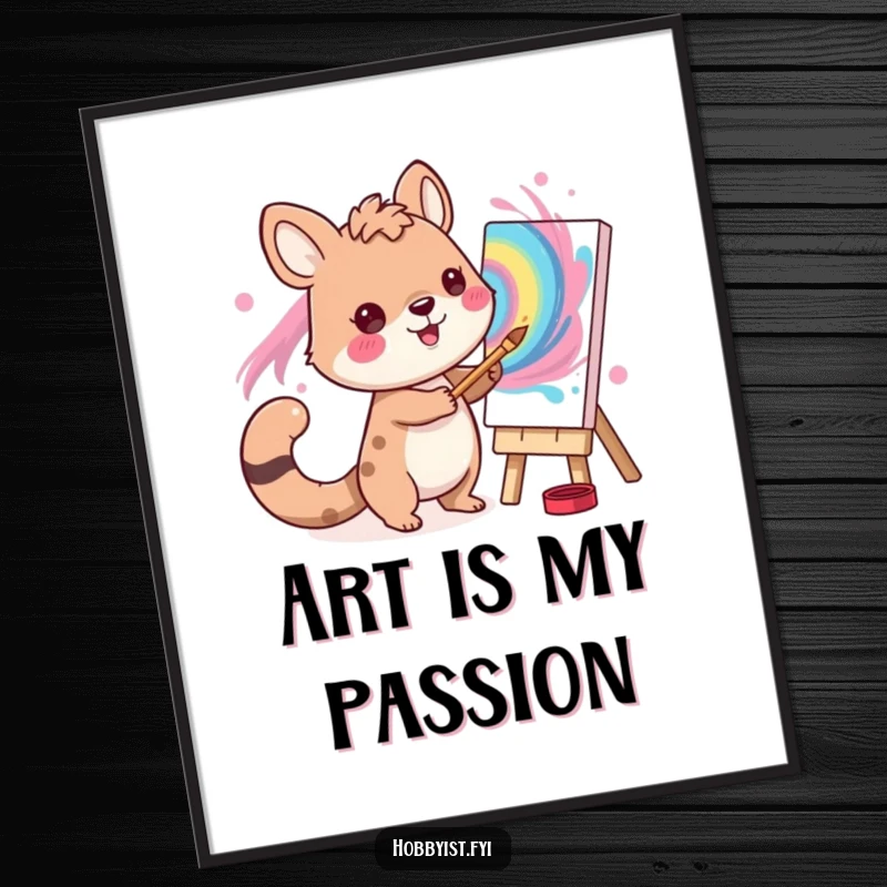 Funny Artist Animal Poster: A cheerful animal character joyfully paints a colorful, swirling picture, adding humorous art.
